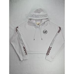 Hollister Size M White Cropped Hoodie w/Pink & Black Checkerboard Sleeves Y2K